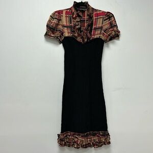 BEBE sexy Black mini cocktail dress with bright, brown and red plaid size XS